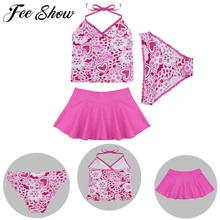 От 2 до 14 лет 3 шт. Холтер Танкини детская купальники для девочек Купальники ярко розовый с цветочным принтом Одежда заплыва ванный комплект Спортивное платье