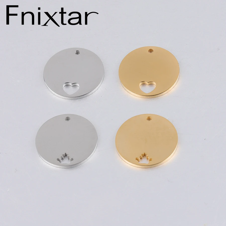 

Fnixtar 20Pcs/Lot Mirror Polished Stainless Steel Round Plate Charm With Inner Hollow Crown Heart DIY Stamping Charms 20mm