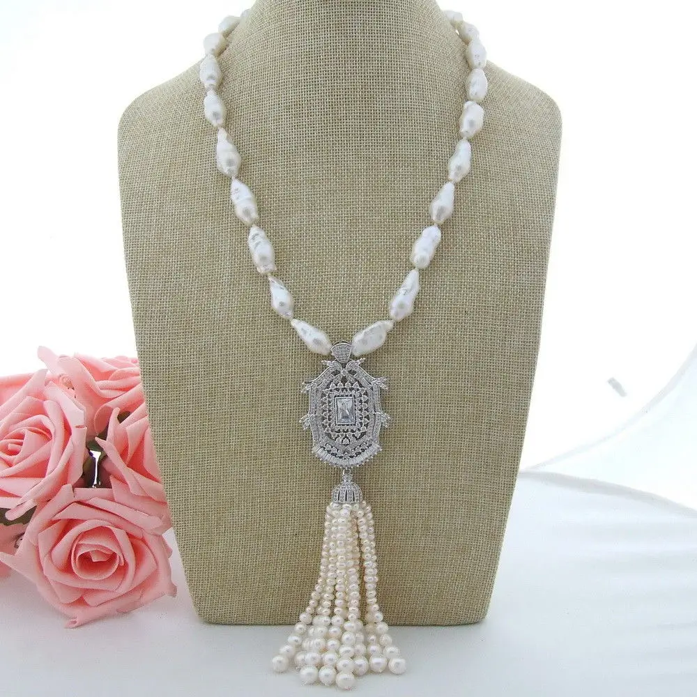AB101007 White Keshi Pearl Necklace CZ Pendant 21