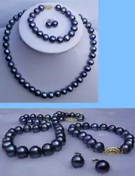 Бесплатная доставка Miss. 516 8-9 мм натуральный черный Akoya культивированный жемчуг Ожерелье gp/браслет/серьги