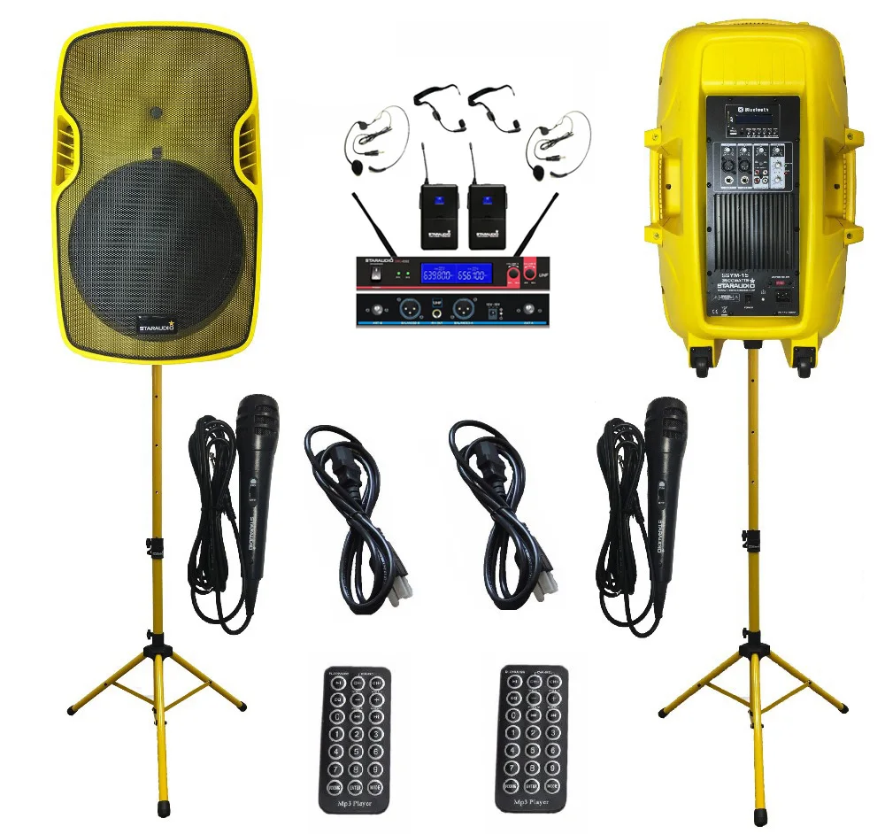 

2 STARAUDIO Yellow 3500W 15"PA DJ Powered Active Stage BT SD USB Speakers With 2 Stands 2 Wired Mic W/2CH UHF Microphone SSYM-15