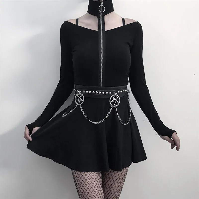 gothic Sexy zipper Hanging Neck Off Shoulder Cropped T Shirts women Long Sleeve slim Short T-Shirts 2018 autumn female tops