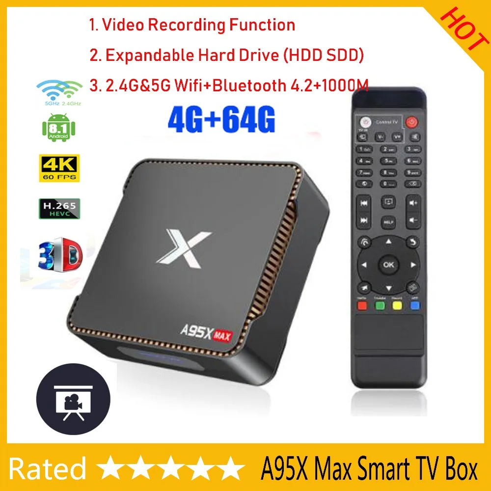 

A95x Max X2 Amlogic S905X2 Video Recording Android 8.1 TV Box 4GB 64GB 2.4G&5GHz Dual Wifi 1000M Smart 4K Set Top Box OTA