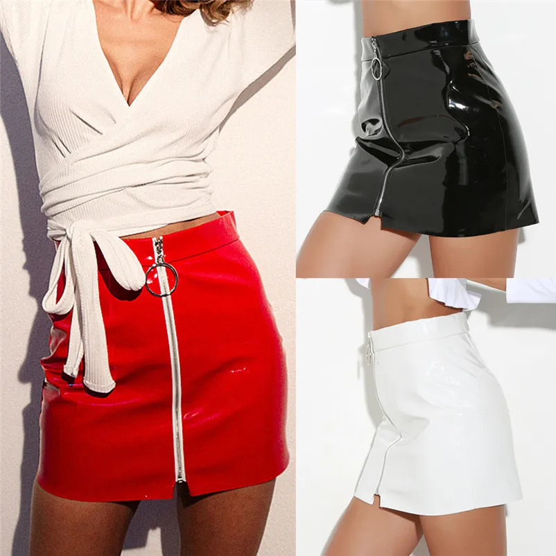 NEW Fashion 2018 Summer style skirts womens High Waist Leather Paint Zip Pencil Skinny Slim Short Sexy Mini Skirt Saia Y05#N (12)