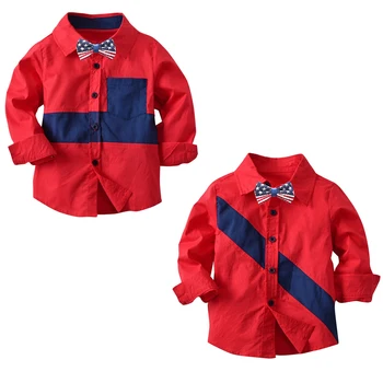 

Red & Blue Kids Boys Spring Patchwork Long Sleeve Button Up Bowtie Cotton Shirt Blouse Top