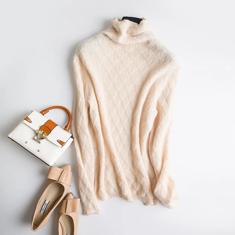 Женский шерстяной свитер с высоким воротом, осенне-зимний женский теплый шерстяной вязаный свитер с геометрическим рисунком, Модные Повседневные пуловеры для женщин - Цвет: Beige