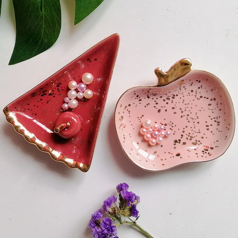 

Creative Watermelon Apple Shape Ceramic Jewelry Tray Multi-purpose Earrings Necklace Ring Fruit Dessert Storage Tray Decorations