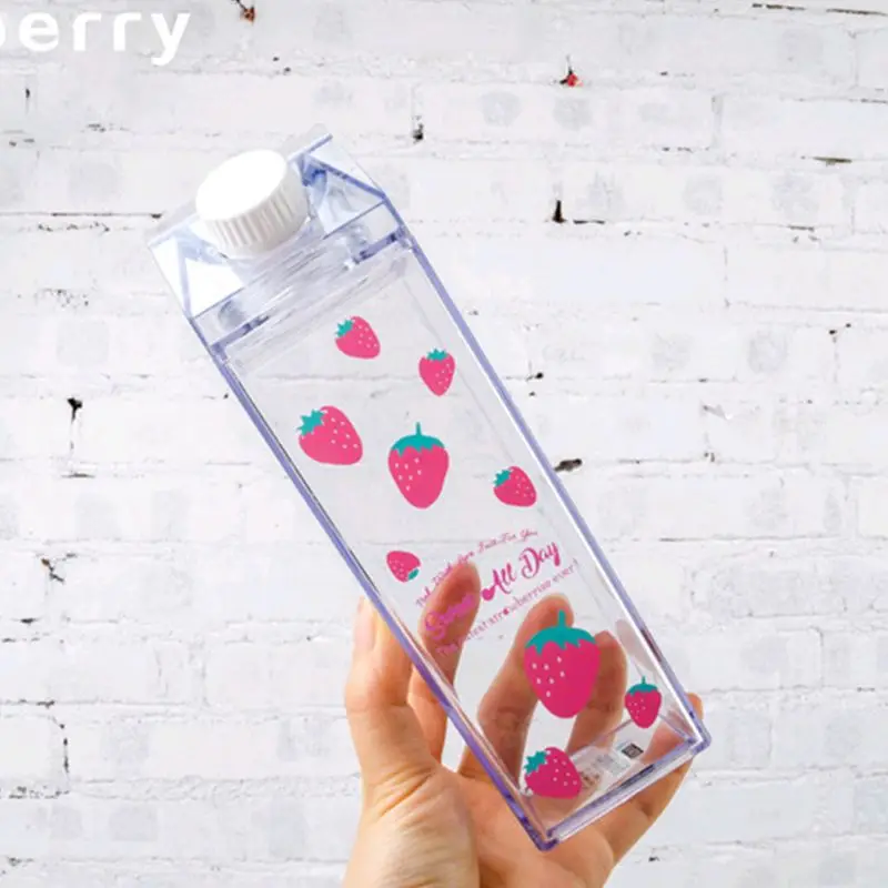 

Portable Water Bottle Milk Storage Sakura-Print Strawberry-Print Sports Drinking Clear Cup For Home School Office