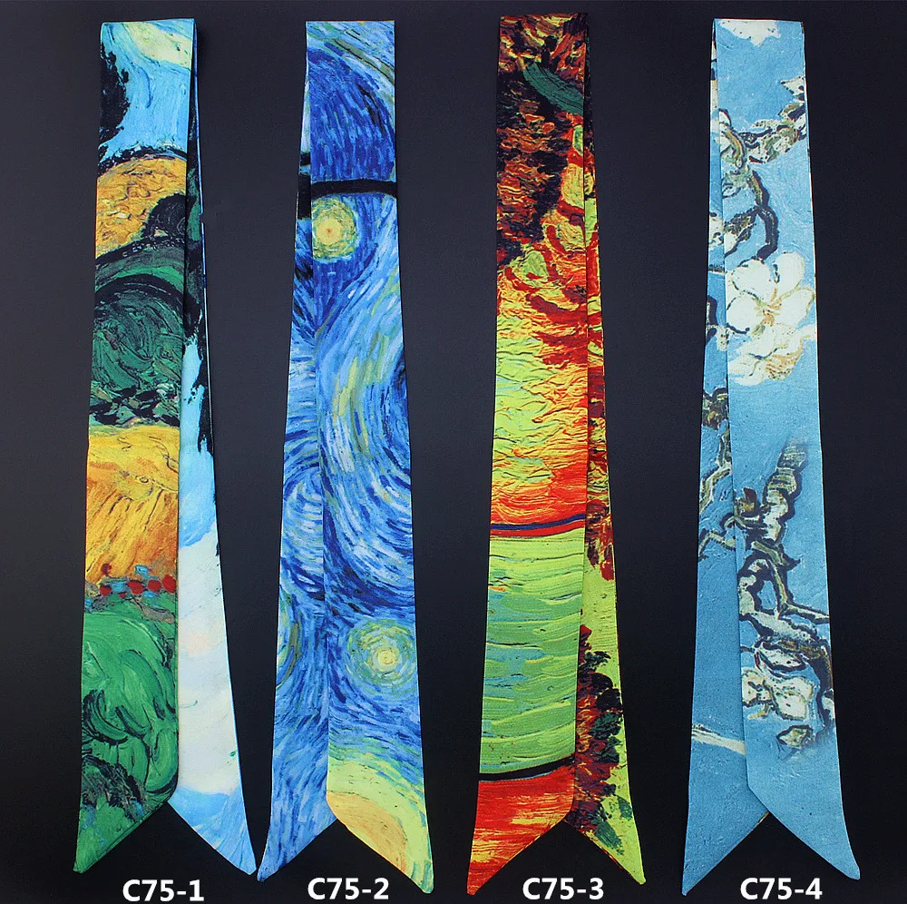 Slender Strip Narrow Ribbons Art Wheat Field Almond Flower Starry Sky Oil Painting Tie Bag Handle Twill Silk Scarf Hair Bands