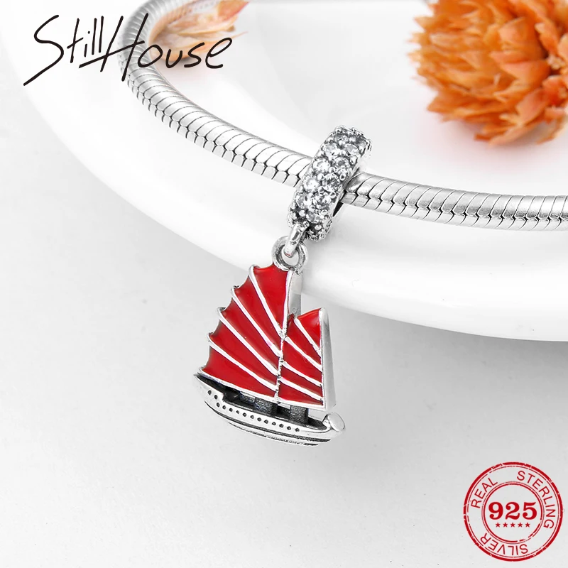 

Charms 925 Sterling Silver Sea Sailboat Red Enamel Sparkling CZ Pendants Fit Original Pandora Charm Bracelet Necklace Making