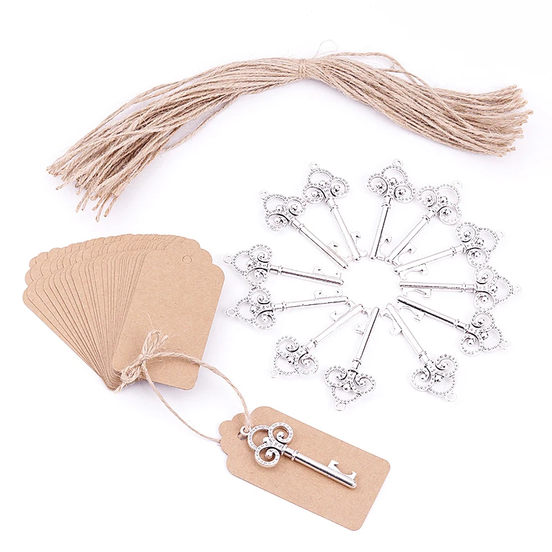 

50set (Opener+Rope+Tags) Skeleton Sliver Key Bottle Opener with Tag Card and Box Wedding Party Decoration Favors for Guest Gifts