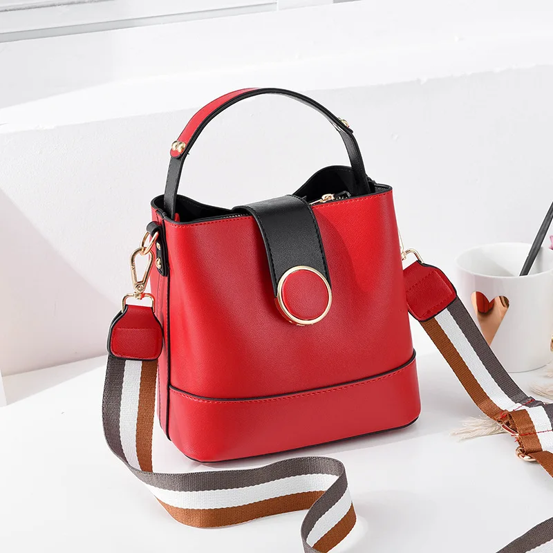  Striped Wide Shoulder Strap Women Bucket Bag Solid Color Buckle Handbag Fashion Simple Shoulder Bag - 33011905054