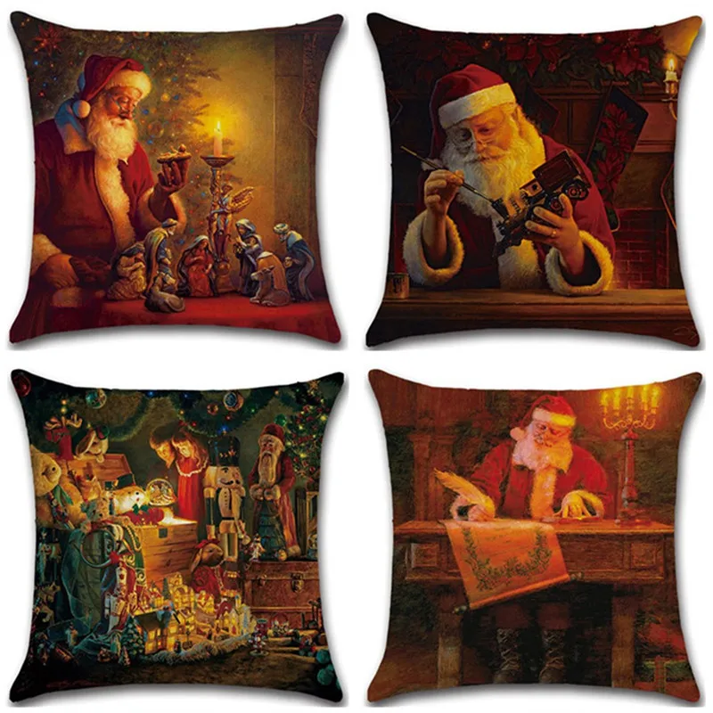 

2019 New Year Linen Pillow Case Retro Christmas Santa Claus Pattern Home Supplies Pillowcase Xmas Gifts 45*45cm
