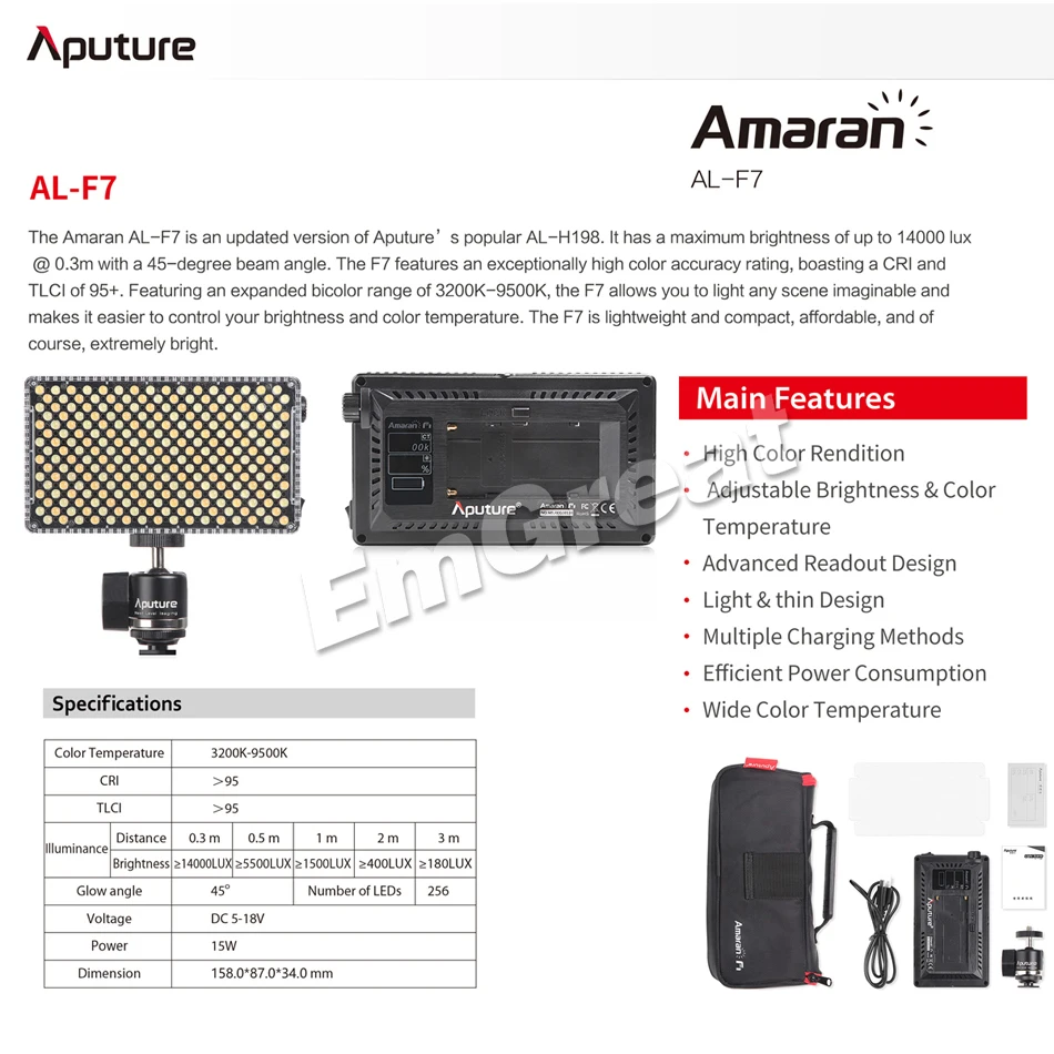 Aputure Amaran AL-F7 двухцветная температура 3200-9500K CRI/TLCI 95+ 256 шт. светодиодный бесступенчатая регулировка камеры светодиодный светильник для видео