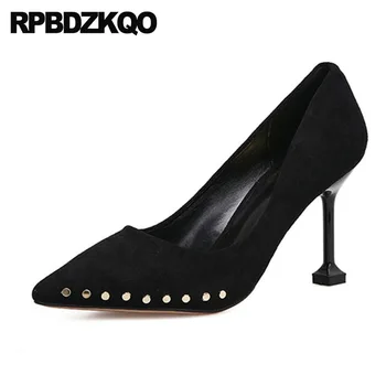 

High Heels Black Pointed Toe Metal Stud Suede Brown Ladies 3 Inch Fashion Shoes Brand Designer Stiletto Rivet Abnormal Pumps