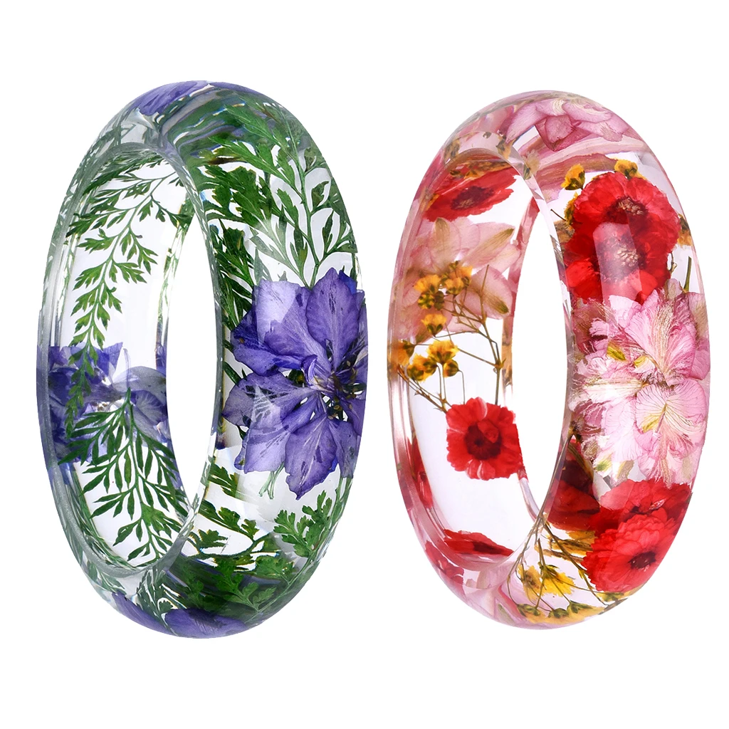 

2Pcs Women Round Handmade Multi-Color Clear Lucite Bangle Dried Flower Pressed Incased Bracelet 2.52inch
