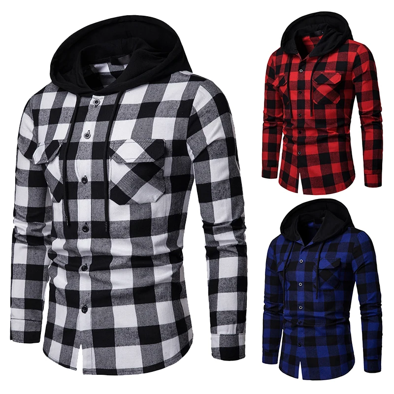 Koop Nieuwe 2019 Shirt Mannen Lente Hot Koop Kwaliteit Plaid Shirts Hooded Uitloper Lange Mouw Toevallige Mannelijke Chemise Homme EU Size s XXL