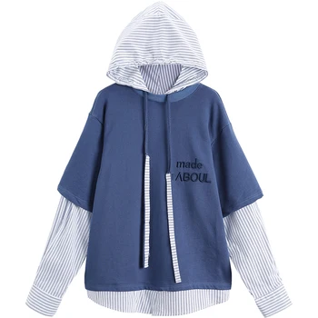 

College Female Student Spring Autumn Fake Two Pieces Drawstring Hooded Sweatshirts Cute Girls Striped Hoodies Cool Street Wear