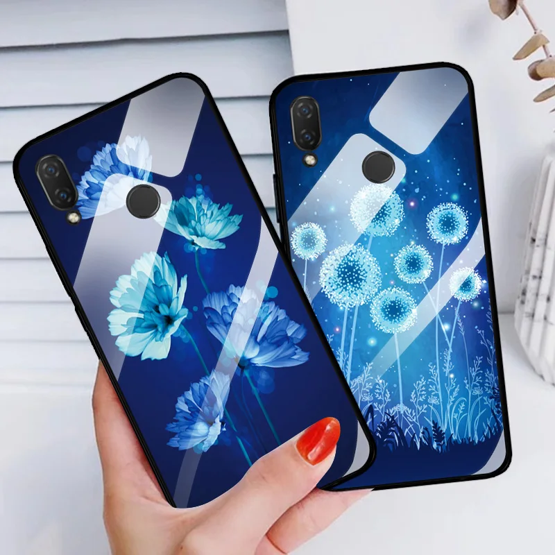 Чехол из закаленного стекла для huawei Nova 3e Flowers чехол 4e мягкая задняя крышка чехлы