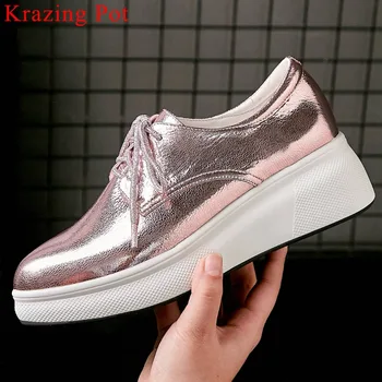 

Krazing Pot genuine leather high bottom lace up pointed toe sneakers high quality simple style breathable vulcanized shoes L99