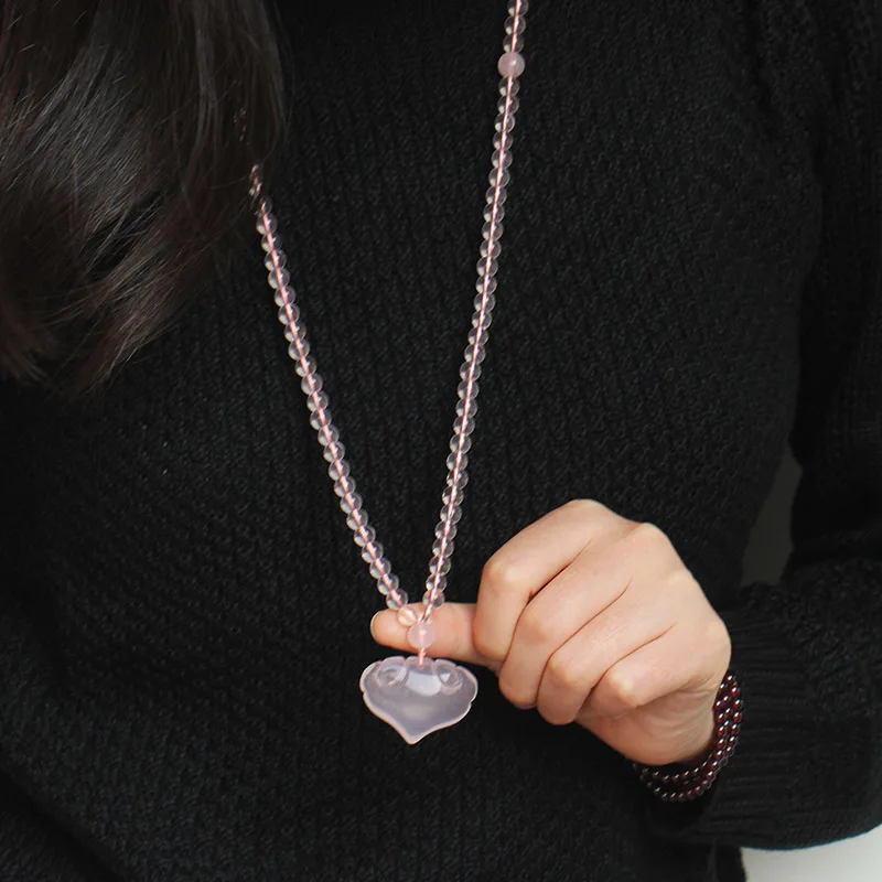 Natural Pink Crystal Heart Pendant Sweater Chain Women Necklace Chain