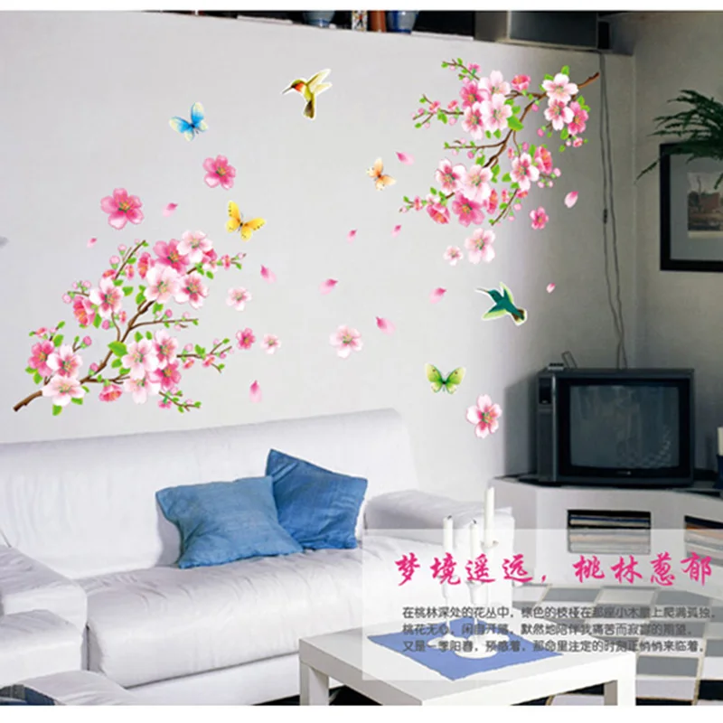 Новый дизайн красивый цветок Стикеры для Семья стены Peach Blossom Бабочка Съемные виниловые Наклейка книги по искусству дома стены JY
