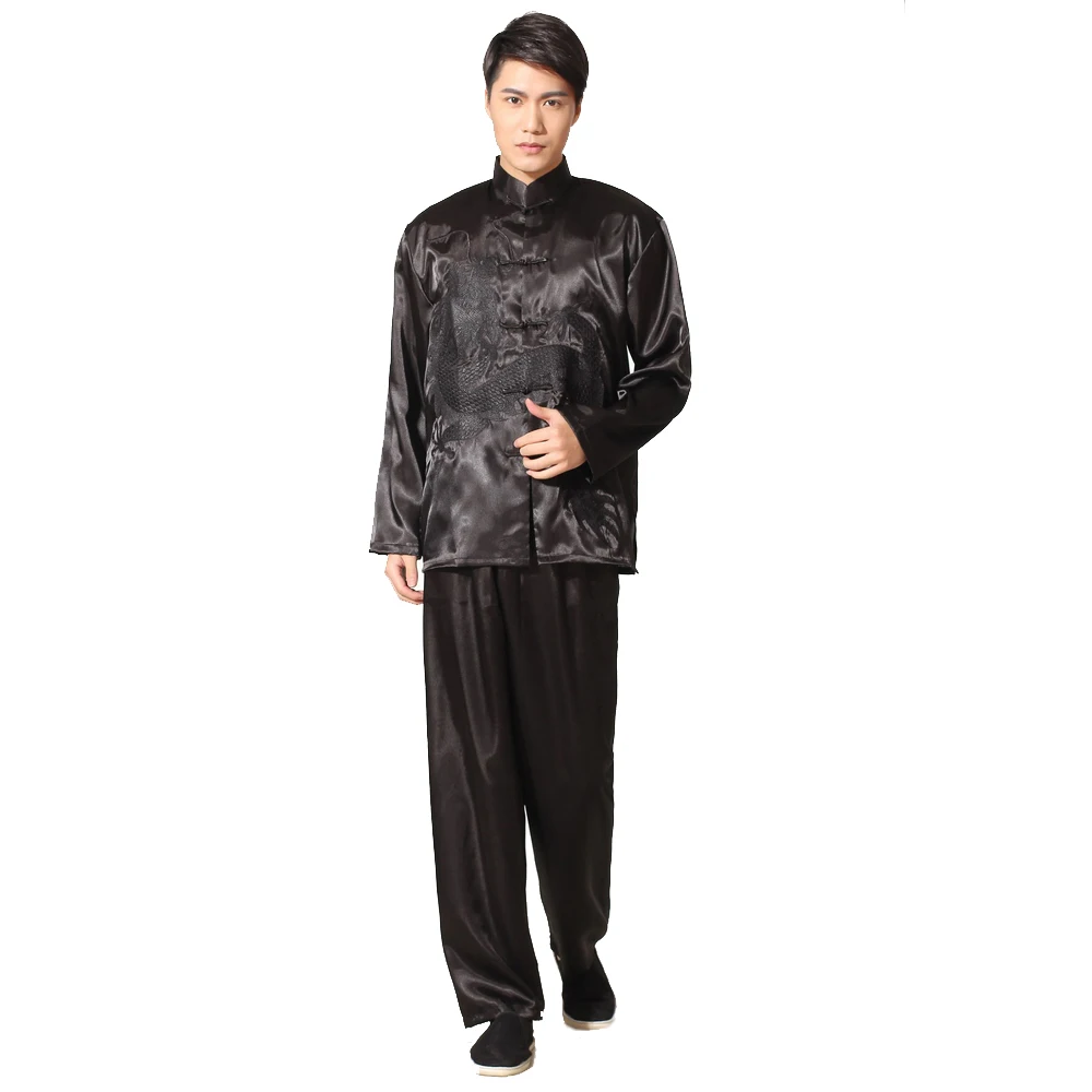 

Novelty Black Male Embroidery Dragon Kung Fu Suit Chinese Men Satin Tai Chi Uniform Clothing S M L XL XXL M051-3