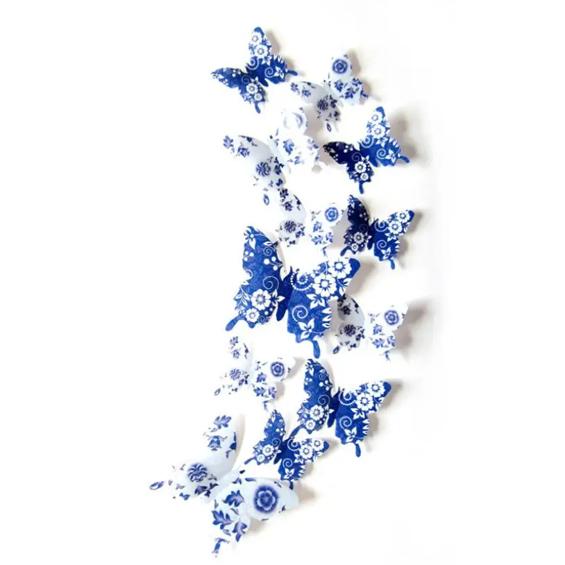

12pcs 3D Butterfly Wall Stickers Blue White Fridge Magnet Door Window Car Decoration