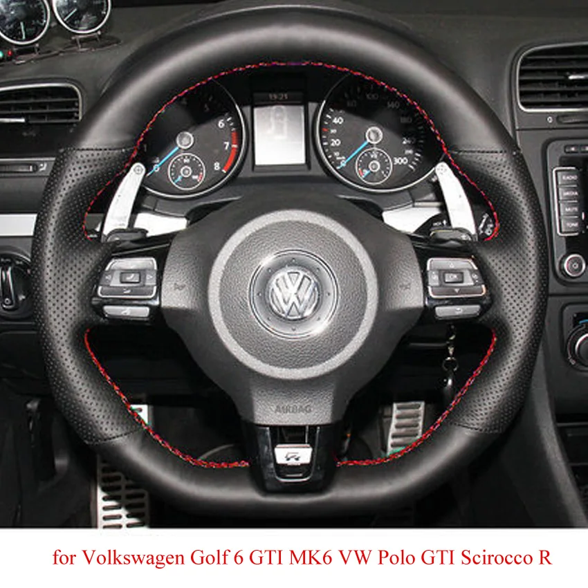 Black Leather Hand stitched Car Steering Wheel Cover for Volkswagen Golf 6 GTI MK6 VW Polo