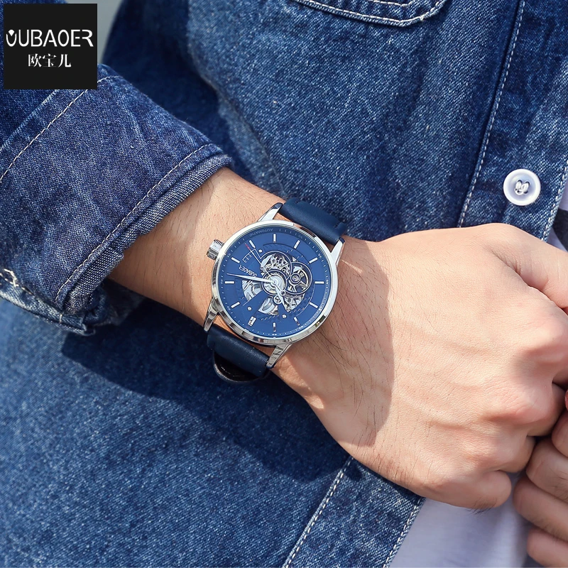 Men Watches Oubaoer Automatic Mechanical Watch Leather Clock Casual Business Watch Top Brand Spor-5