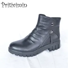 Г.; модная зимняя женская теплая обувь на подкладке; Женские Черные полусапожки из натуральной кожи на низком толстом каблуке; Pritivimin FN51