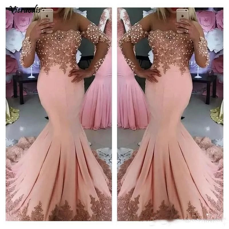 Sexy Midden-oosten Arabisch Prom Dresses Lange Mouwen Roze Kant Applicaties Parels Mermaid Plus Size Avond Party Jurken Wear Vestido Sexy Midden-oosten Arabisch Prom Dresses Lange Mouwen Roze Kant Applicaties Parels Mermaid Plus Size Avond Party Jurken Wear Vestido