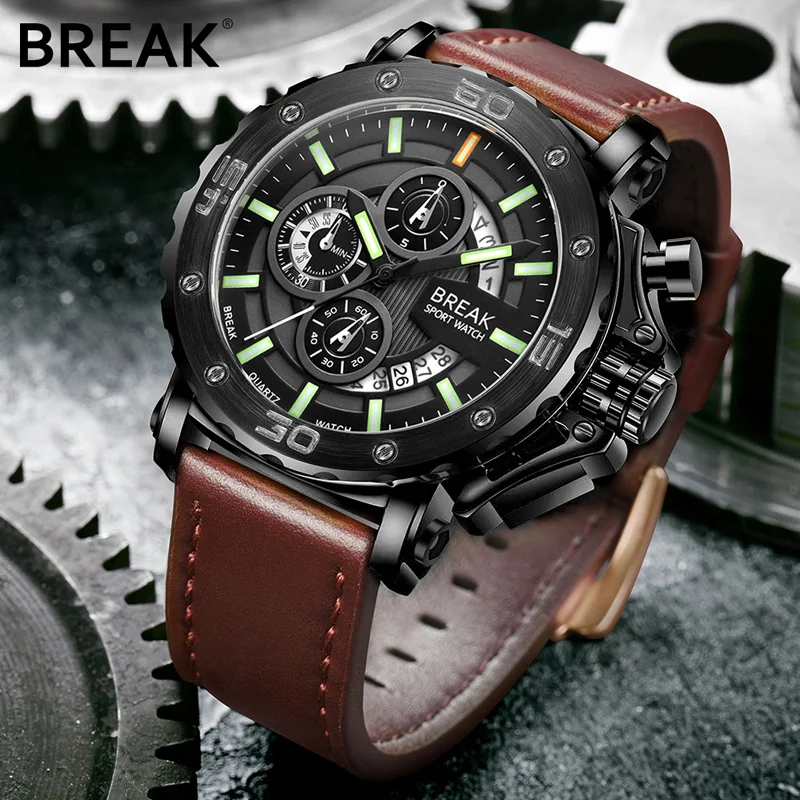 BREAK Men Luxury Brand Leather Strap Casual Fashion Chronograph Luminous Business Sport Quartz Wristwatches Man Military Watch