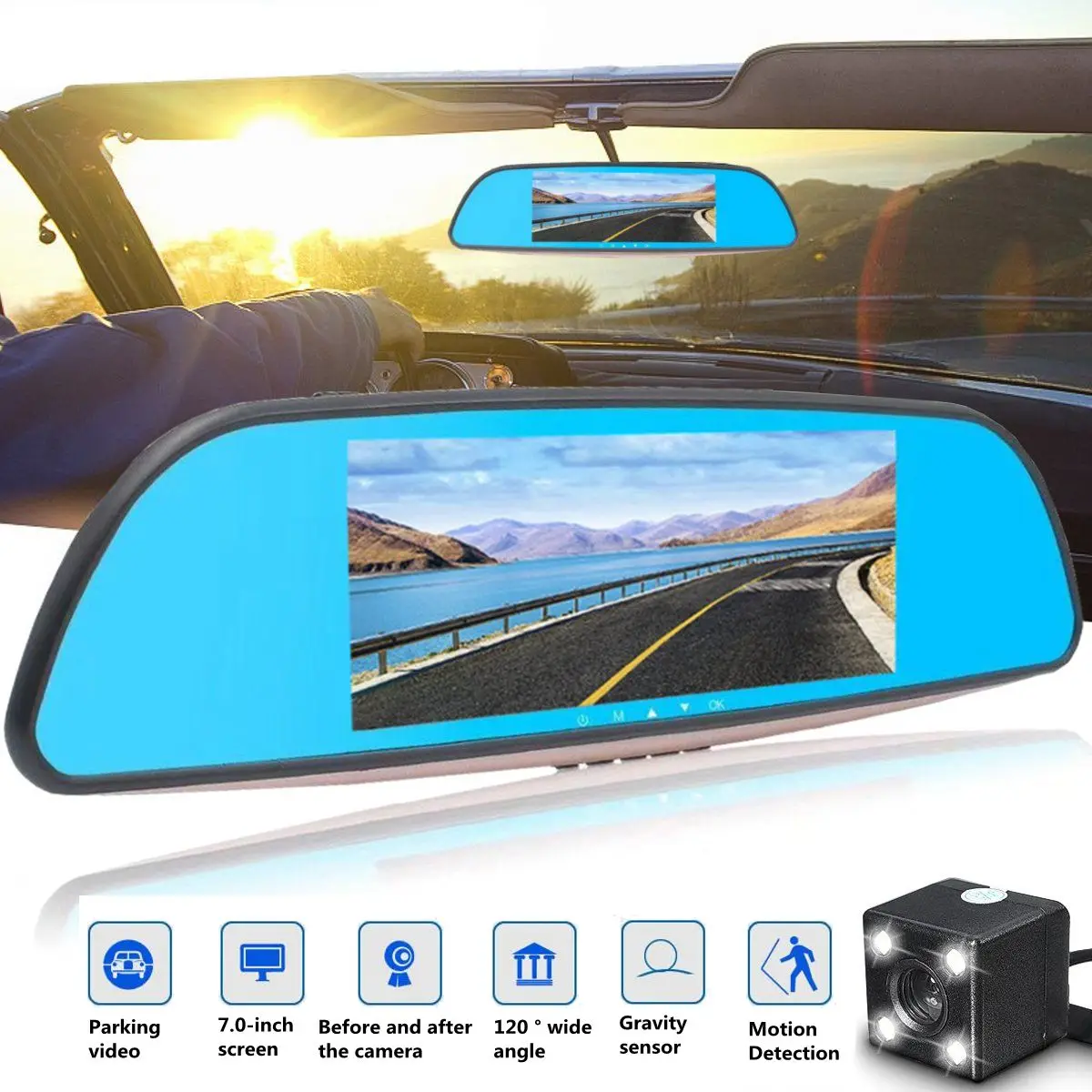 

7'' inch 1080P Dual Lens Car Dash Cam DVR Rearview Mirror Video Camera Recorder Hi Fi Speakers 120 Degree Angle
