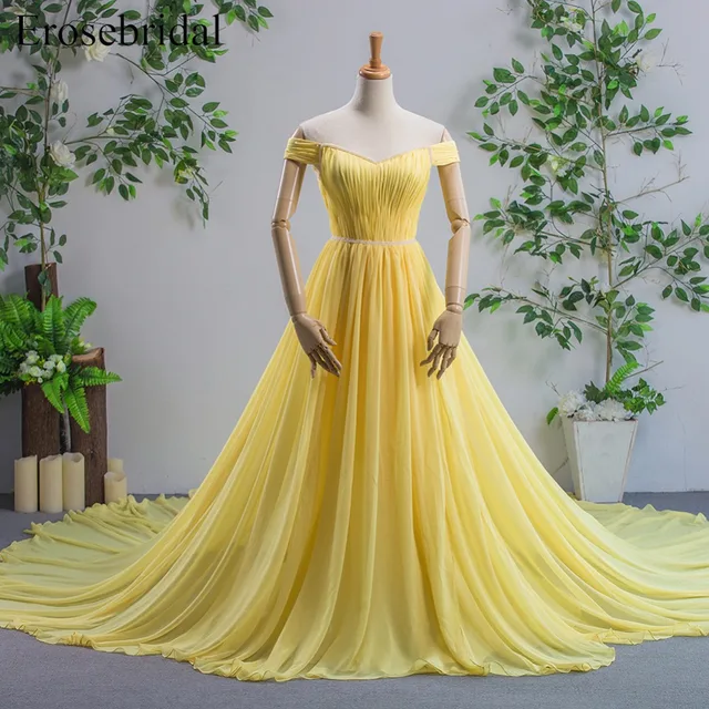 Off The Shoulder Sweetheart Yellow Evening Dresses With Long Train A Off The Shoulder Sweetheart Yellow Evening Dresses With Long Train A Line Chiffon Prom Gown
