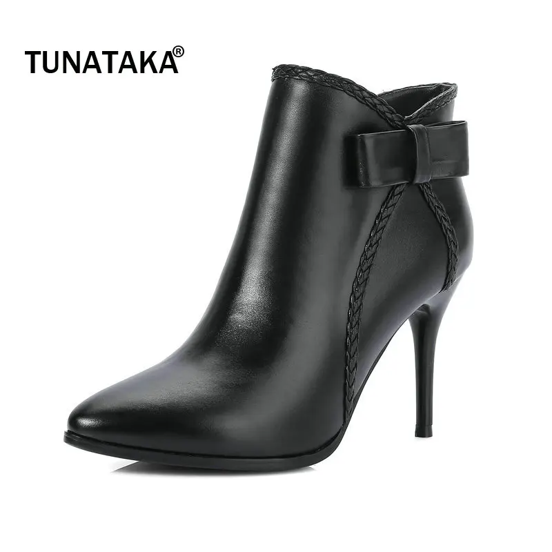 Woman Genuine Leather Pointed Toe Thin High Heel Side Zipper Ankle Boots Fashion Bow Knot Dress Winter Boots Black Red Woman Genuine Leather Pointed Toe Thin High Heel Side Zipper Ankle Boots Fashion Bow Knot Dress Winter Boots Black Red