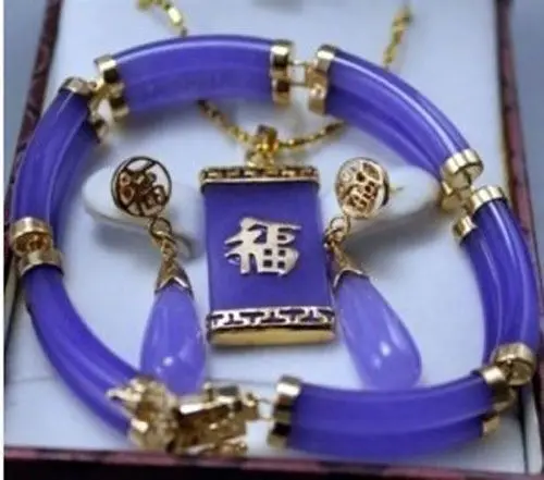 

FREE SHIPPING>>@> Free shippingPurple Jade Link Bracelet Stud Earrings Pendant Necklace Set Gold Plated Lucky Natural jewelry