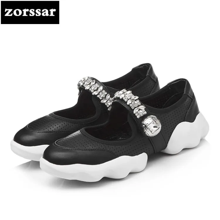 

{Zorssar} 2018 Fashion Rhinestone Genuine Cow Leather Flats Women shoes Casual flat Mary Jane shoes Female sneakers shoes