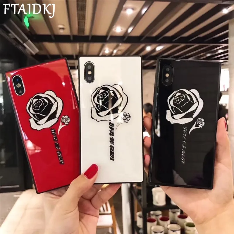 

FTAIDKJ Luxury Square Tempered Glass Case For iPhone X 10 8 8 Plus 7 6 6S Plus Fashion Retro Beautiful Roses Pattern Back Cover