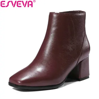 

ESVEVA 2019 Women Boots Square Toe Zipper Shoes Square High Heels Ankle Boots Cow Leather Solid Autumn Fashion Boots Size 34-39