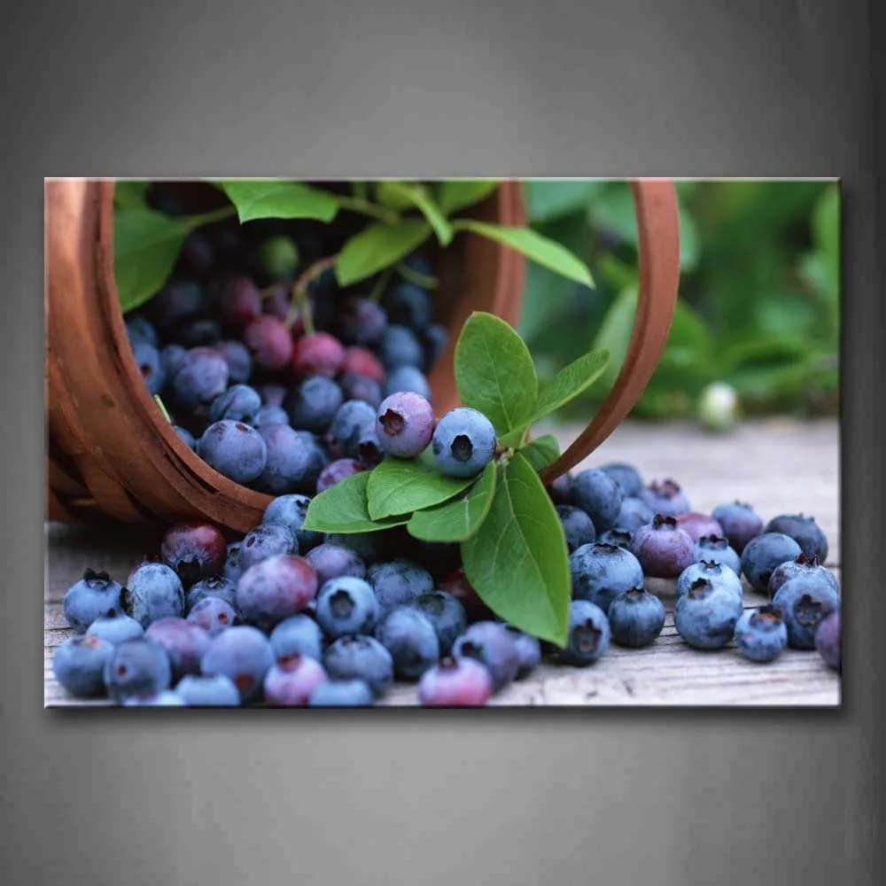 

Framed Wall Art Pictures Blueberry Basket Canvas Print Food Modern Posters With Wooden Frames For Home Living Room Decor