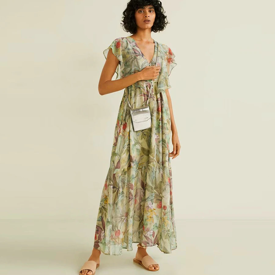 

TEELYNN long boho dress vintage floral print Chiffon dresses butterfly sleeve ruffles dress party women dresses vestido