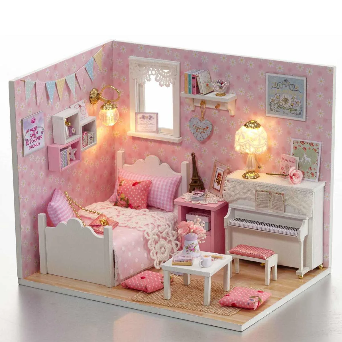 

3D Doll House Furniture Diy Miniature Dust Cover Wooden Miniaturas Dollhouse Toys for Children Birthday Gifts Princess Pink Blue