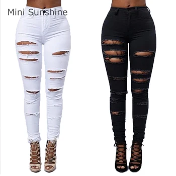 

Fashion Jeans Woman Cotton High Elastic Imitate Knee Skinny Pencil Pants Slim Ripped Jeans For Women Black Ripped Jeans z30