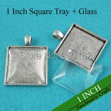 1 дюйм антикварная серебряная квадратная подвеска заготовка для ювелирных изделий, 25 мм подвеска рамка Настройки+ прозрачный стеклянный кабошон(200 лотков+ 200 стекла