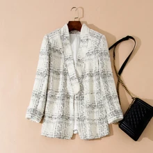 Высокое качество Новая мода взлетно-посадочной полосы Дизайнерская куртка Для женщин воротником твид плед пальто верхняя одежда