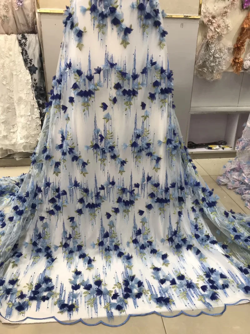 

Top quality French net lace fabric with embroidery and chiffon 3d flowers stones for gorgeous party dress