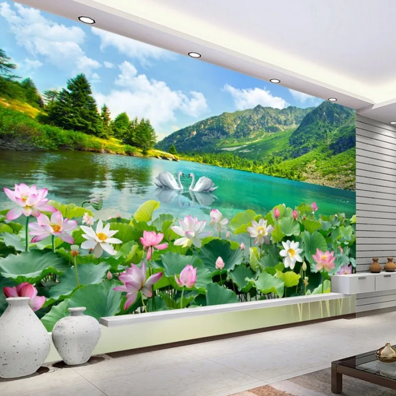 Dropshipping Fatman Flower Wallpaper Swan Lake Landscape 3d Wall Murals Living Room Foto Wallpapers Wall Covering Papel Parede