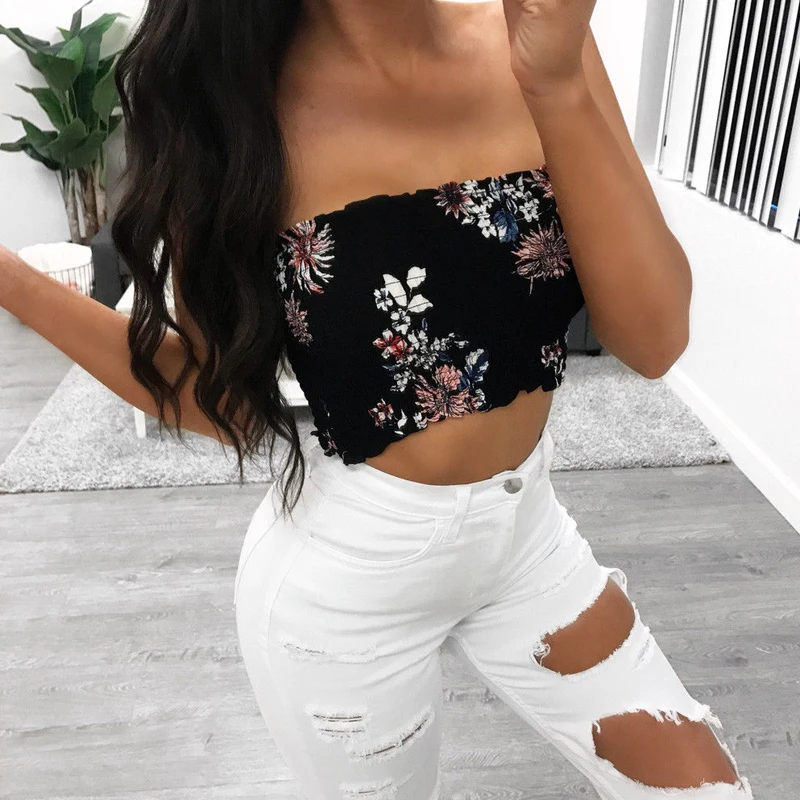 New Women Floral Print Seamless Bandeau Crop Tube Top Strapless Wrap Bustier Bra