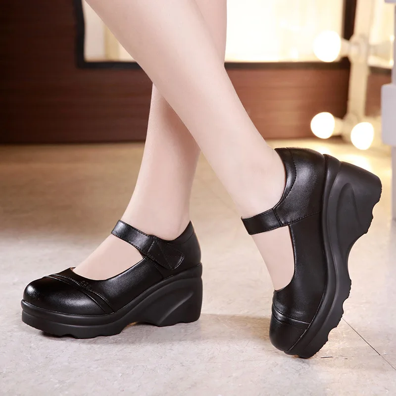 

Black Round Head Wedges Shoes for Women 2019 Autumn Leather Pumps Platform Shoes Woman High Heel Casual Dance Work Shoe